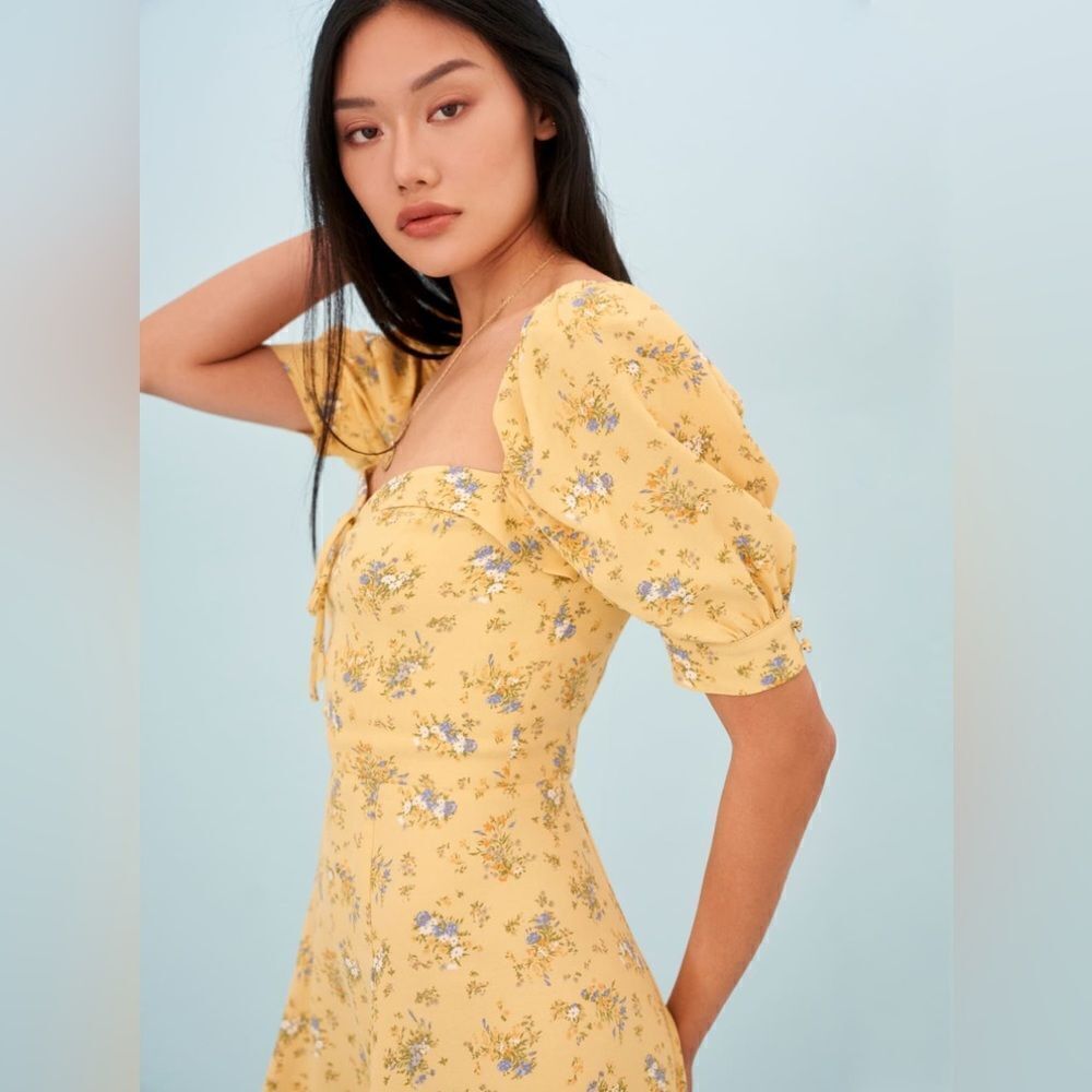 Reformation Lillet Mini Yellow Dress Floral Puff Sleeve Size 8 - Picture 5 of 10